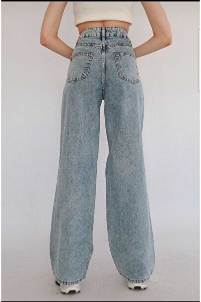 Livik Soren-2 Blue Snow Wash Lycra High Waist Wide Leg Jeans
