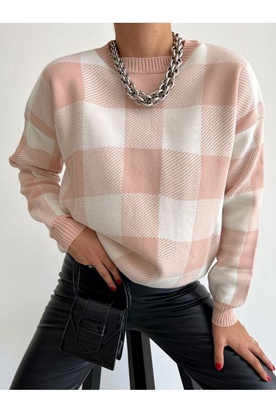 bayansepeti Plaid Patterned Crew Neck Powder Knitwear Sweater 0122