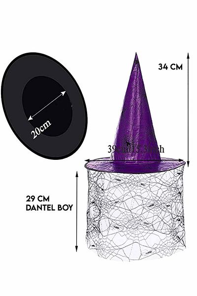 Parti dolabı Halloween Halloween Witch Hat Μωβ Μαύρο Παράνυμφο Καπέλο Μάγισσας με μοτίβο από τούλι 34cm
