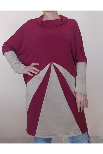 Mertcan Butik Fuchsia Degaje Collar Lame Garnished Sendy Bat Sleeve Tunic