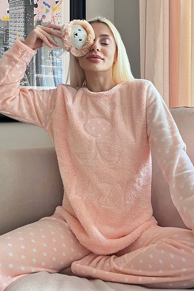 Pijamaevi Women's Salmon Salmon Lazy Patterned Plush Pajama Set