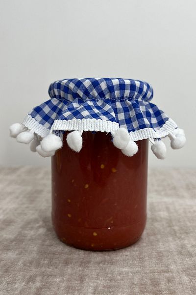 Soft Kare 3 Pieces Blue Pompom Small Gingham Elastic Stitched Jar Lid Cover