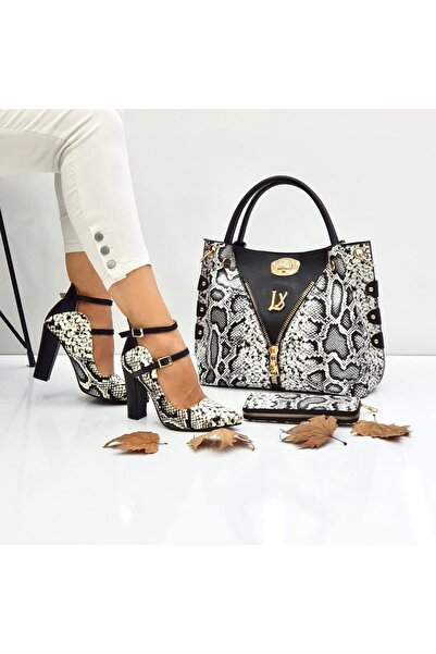 Leyla Yıldız مجموعة محفظة نسائية ذات كعب عالٍ بإبزيم على شكل ثعبان أسود