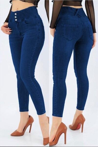 merlavin Pantaloni de damă bleumarin, cu talie înaltă din lycra