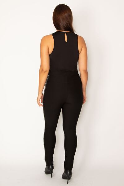 Şans Women's Black Decorative Pocket and Lacquer Print on the Sides Elastic Waist Diving Fabric Lycra Trousers 65N27814