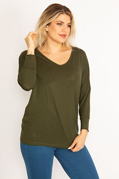 Şans Women's Plus Size Khaki Bat Sleeve V-Neck Viscose Blouse 65n29662