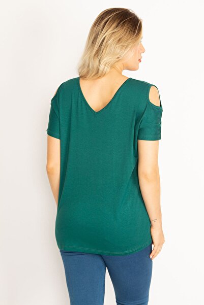 Şans Women's Large Size Green Shoulder Low-cut Viscose Blouse 65n31706