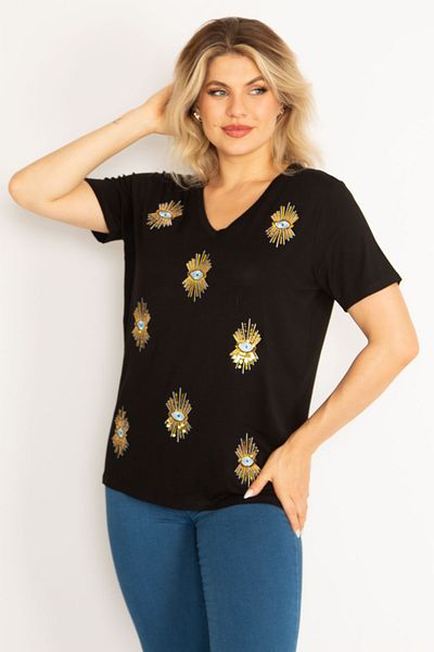 Şans Γυναικεία Plus Size Μαύρο Κέντημα με λαιμόκοψη και πούλιες Λεπτομερής Μπλούζα 65n32857