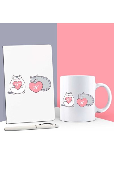 EJOYA Kişiye Özel Aşık Kediler Beyaz Defter Kupa Ve Kalem Set 85879