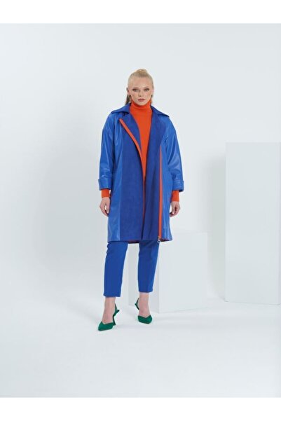 asudincer boutique Sırtı Baskılı Kruvaze Deri Manto