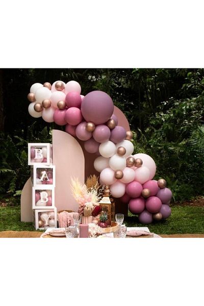 Çemrek Süs Parti Wild Strawberry Salmon Rose Chrome Mini Balloon Chain Set 60 Balloon and Chain