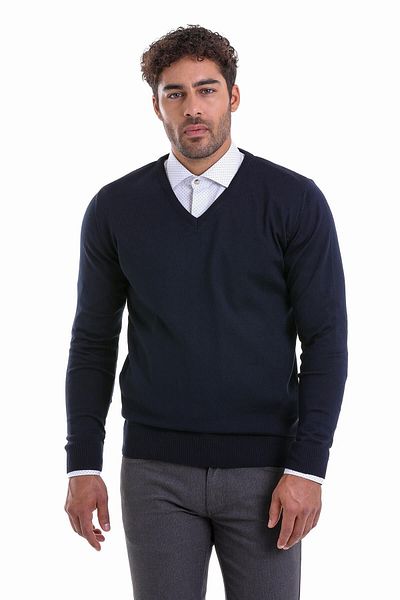 Hatemoğlu Navy Blue Comfort Fit Plain V-Neck Woolen Sweater