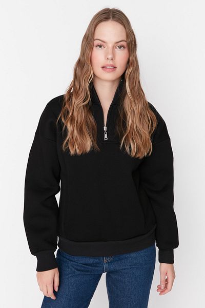 Trendyol Collection Черен плетен суитшърт с цип и яка с цип и дебел полар от вътрешната страна TWOAW23SW00708