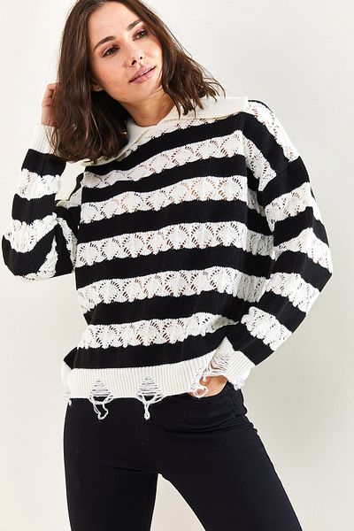 Bianco Lucci Women's Polo Neck Ripped Patterned Knitwear Sweater