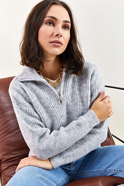 Bianco Lucci Pulover de damă cu fermoar cu gât țesut supradimensionat