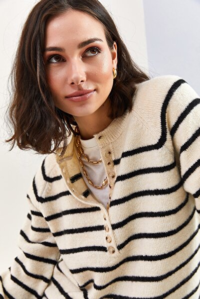 Bianco Lucci Kadın Yakası İlikli Balıkçı Yaka Çizgili Triko Kazak