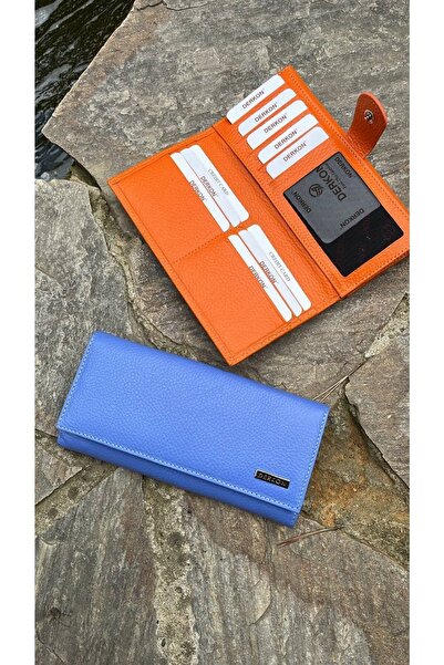 DERKON Genuine Leather Orange Women's Wallet with Placket on the Back and Ple...