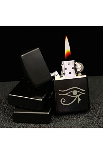 Market66 Vicdanın Gözü Resimli Çakmak Mısır Tanrısı Horus Ra Resimli Dolu Benzinli Siyah Metal