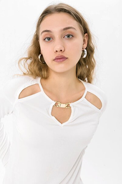 EtkiModa Жіноча блуза з білим коміром, довгими рукавами та крапельками