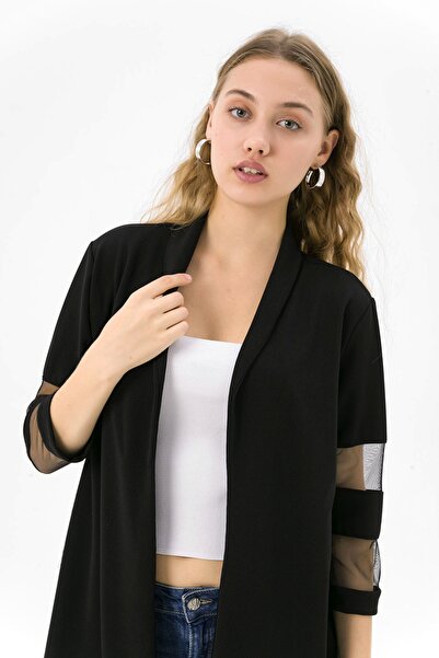 EtkiModa Kadın Siyah Kolları Tüllü Yarım Kollu Ceket