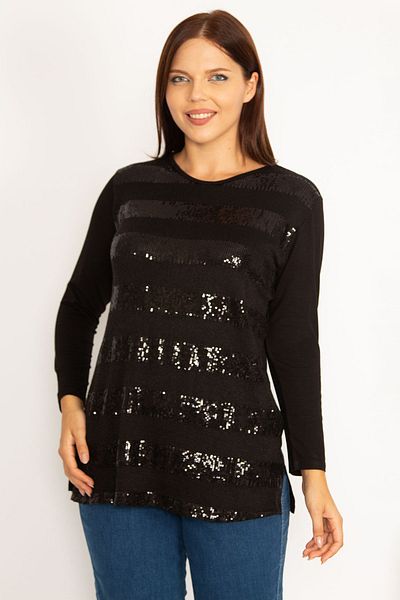 Şans Women's Large Size Black Front Sequin Detailed Long Sleeve Blouse 65n34724