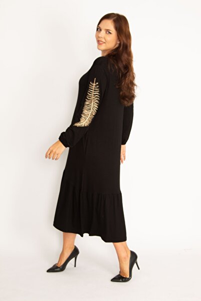 Şans Rochie cu mânecă lungă în straturi, cu broderie neagră și cu buzunare, rochie pentru femei 65n34743