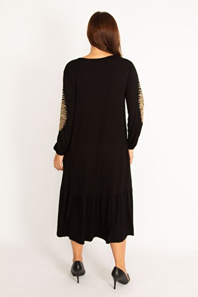 Şans Rochie cu mânecă lungă în straturi, cu broderie neagră și cu buzunare, rochie pentru femei 65n34743