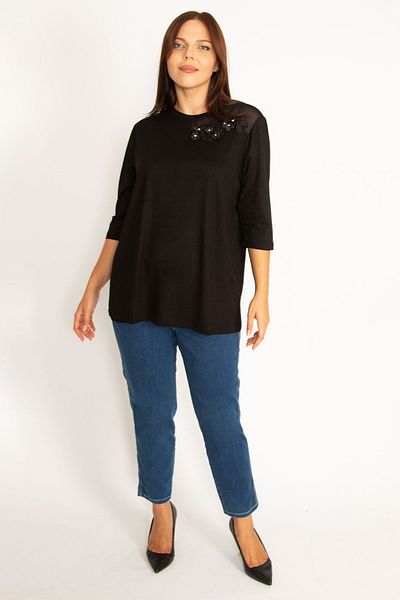 Şans Women's Large Size Black Applique and Tulle Detailed Blouse 65n34575