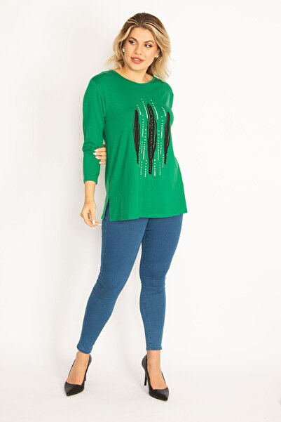 Şans Γυναικεία Μπλούζα Μεγάλου Μεγάλου Πράσινη Πέτρα και στάμπα Λεπτομερής Μπλούζα 65n34713