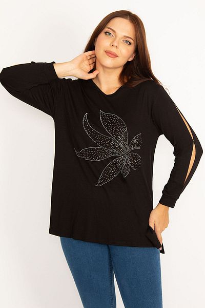 Şans Women's Large Size Black Sleeveless Stone Detailed Blouse 65n34764