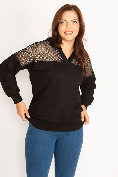 Şans Women's Large Size Black Robe Lacquer Mesh Hooded Sweatshirt 65n34747