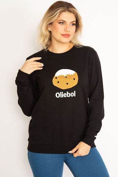 Şans Women's Large Size Black Front Printed Sweatshirt 65n34683