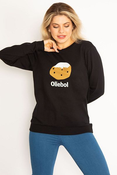 Şans Women's Large Size Black Front Printed Sweatshirt 65n34683