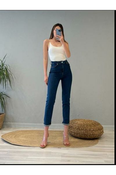 Ramrod Blugi mom subțiri cu talie înaltă din lycra spalat albastru închis