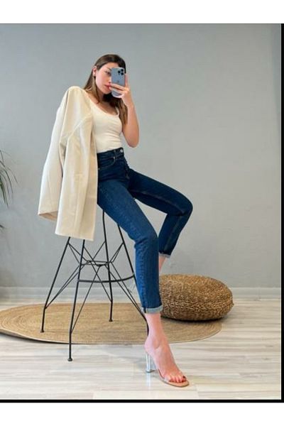 Livik Dark Blue Lycra High Waist Slim Mom Jeans