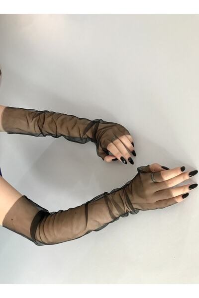 Limelia Siyah Uzun Tül Parmaksız Abiye Eldiveni Gelin Eldiveni