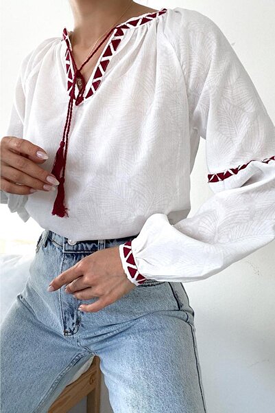 FEMELLE Γυναικεία έθνικ μπλούζα με υφασμάτινο σχέδιο με φούντες νέας σεζόν