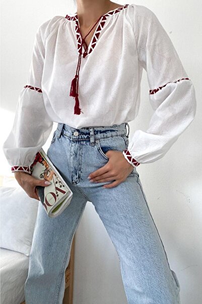 FEMELLE Γυναικεία έθνικ μπλούζα με υφασμάτινο σχέδιο με φούντες νέας σεζόν