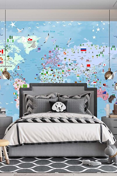 Dekoros Tek Parça Dünya Haritası Ve Hayvanlar Anaokulu Duvar Kağıdı
