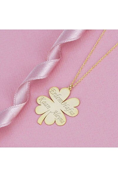 GÜMÜŞ Aileye Özel 4 Isimli Yonca Yaprağı Altın Kaplama Kolye