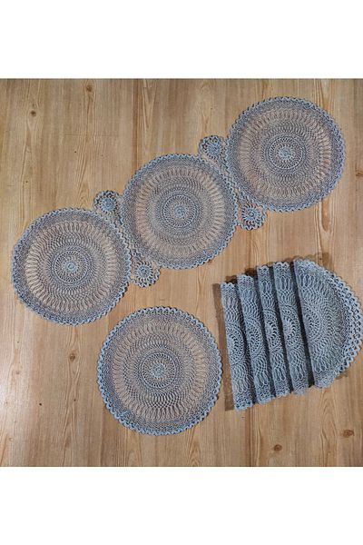 Çt Çeyizci Tekstil Dining Table Cloth Runner And Plate - 1 Runner-6 Plate Gray
