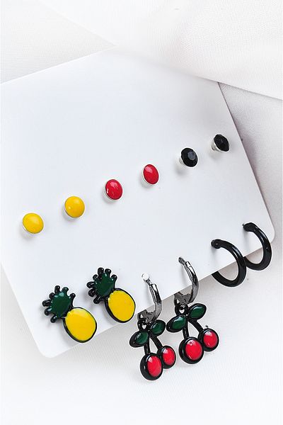 EUROMODA Cherry and Pineapple Design Set of 12 Earrings with Ring and Multicolor Ball Earrings