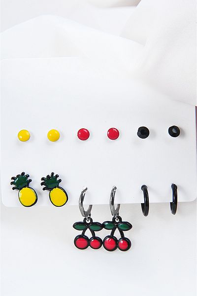 EUROMODA Cherry and Pineapple Design Set of 12 Earrings with Ring and Multicolor Ball Earrings