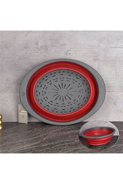 qussine Accordion Oval Strainer Foldable Bpa Free Gray Red