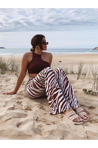 1Moda1Tarz Pantaloni de damă cu model zebră, cu talie înaltă, cu curea, cu pi...