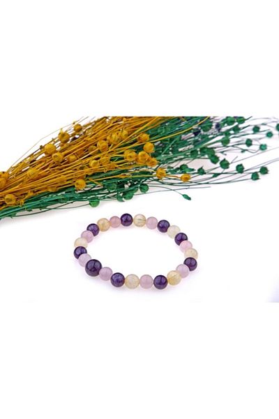 ALAVAN Natural Stone Combination Bracelet, Pink Quartz-amethyst-citrine-6mm, Healing Vibration Therapy