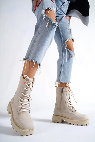 Siwera Kadın Nude Kaydırmaz Taban Deri Fermuarlı Ve Bağcıklı Bot