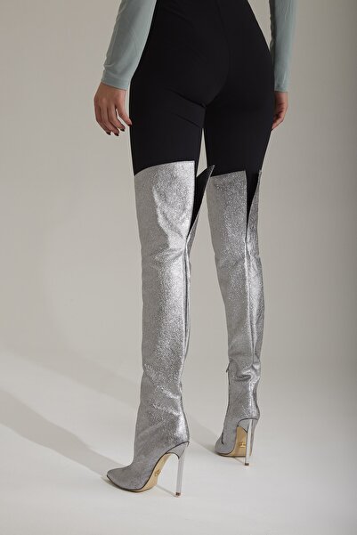 AYAKKABI PRENSİ Cizme Paint Üstü Gümüş 10 Cm pentru femei, Cizme cu toc