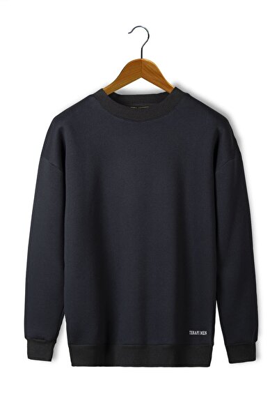 Terapi Men Unisex Black Skirt Part Printed Oversize Ribbed Crew Neck Sweatshi...