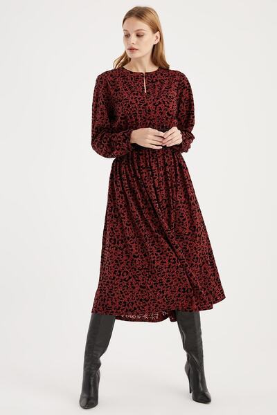 Hanna's by Hanna Darsa Kadın Bordo Belden Büzgülü Leopar Desenli Örme Elbise
